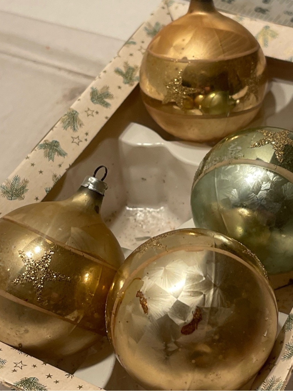 1950s West Germany Gold & Green Vintage Glass Holiday Ornament 5